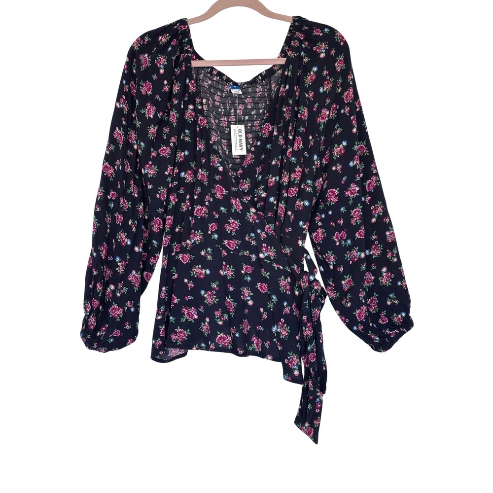 Old Navy Floral Wrap Top Navy Pink Long Balloon Sleeve Smocked Blouse 2X NEW